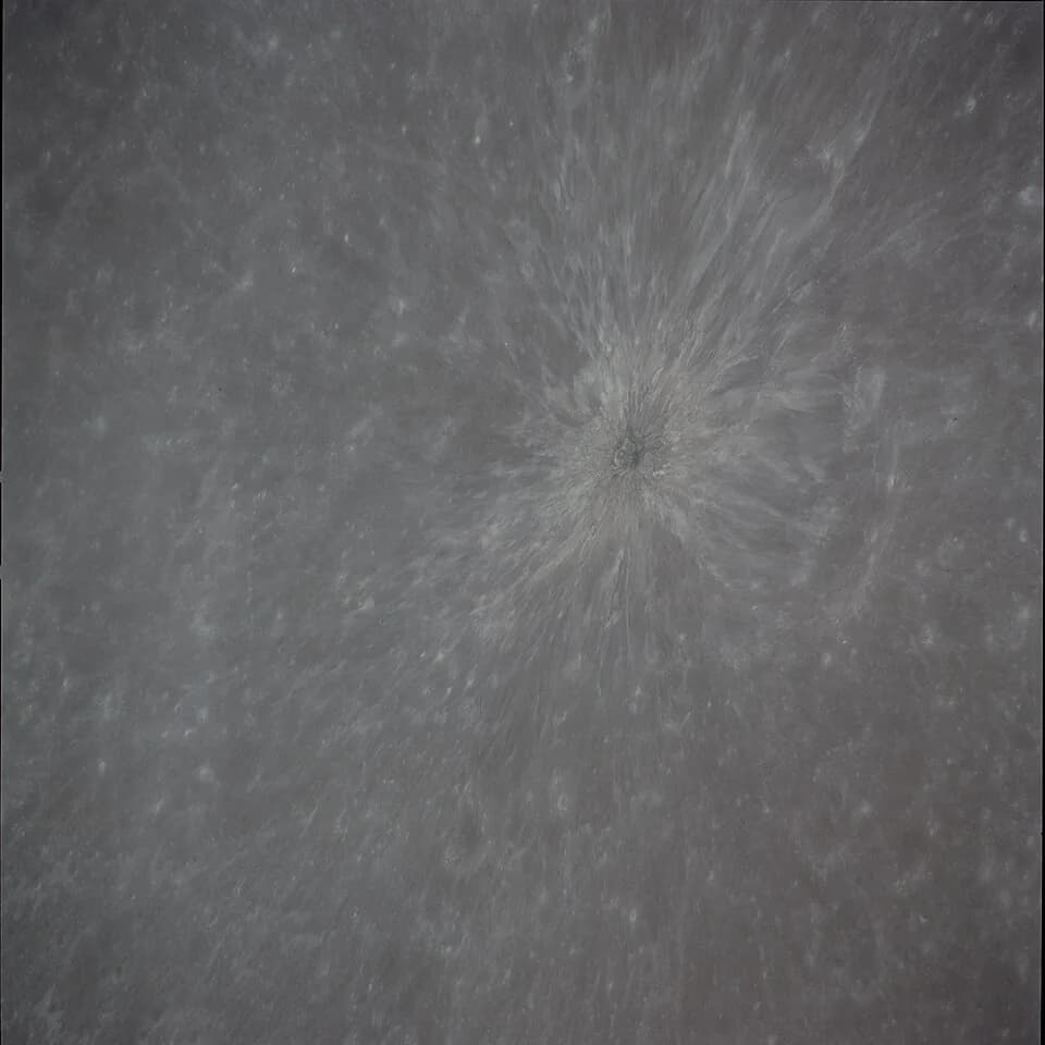Johann Jakob Balmer - (Processed) Apollo 14 Hasselblad image from film magazine 72/L - LM extraction, Lunar orbit
This unnnamed crater with an extensive ray system is approximately 1 km in diameter.