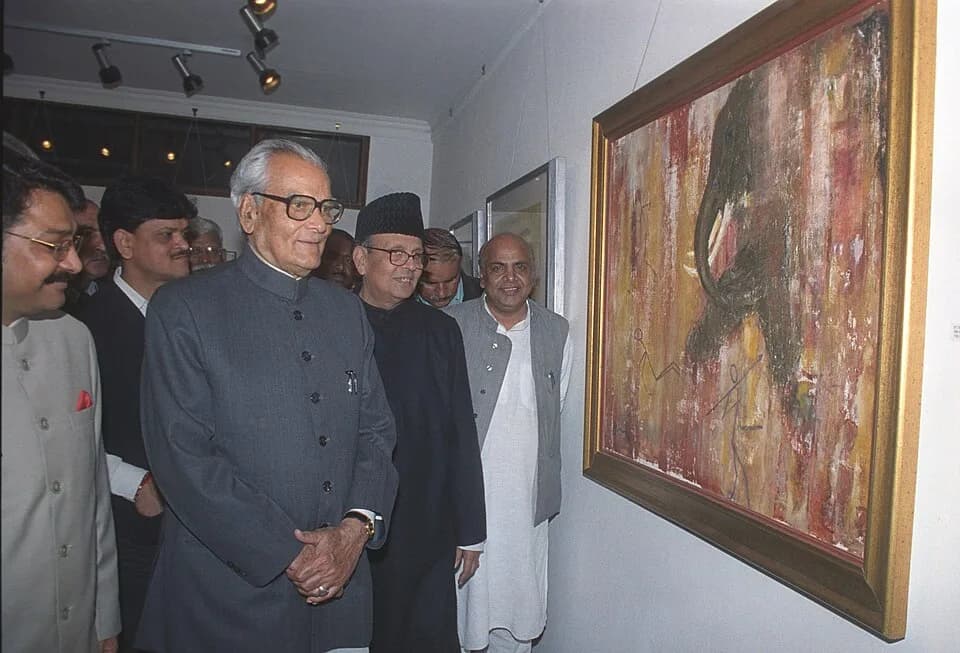 V. P. Singh - The Vice President of India, Shri Bhairon Singh Shekhawat looking at painting works by the former Prime Minister Shri V. P. Singh, after inaugurating the exhibition, in New Delhi on Febr