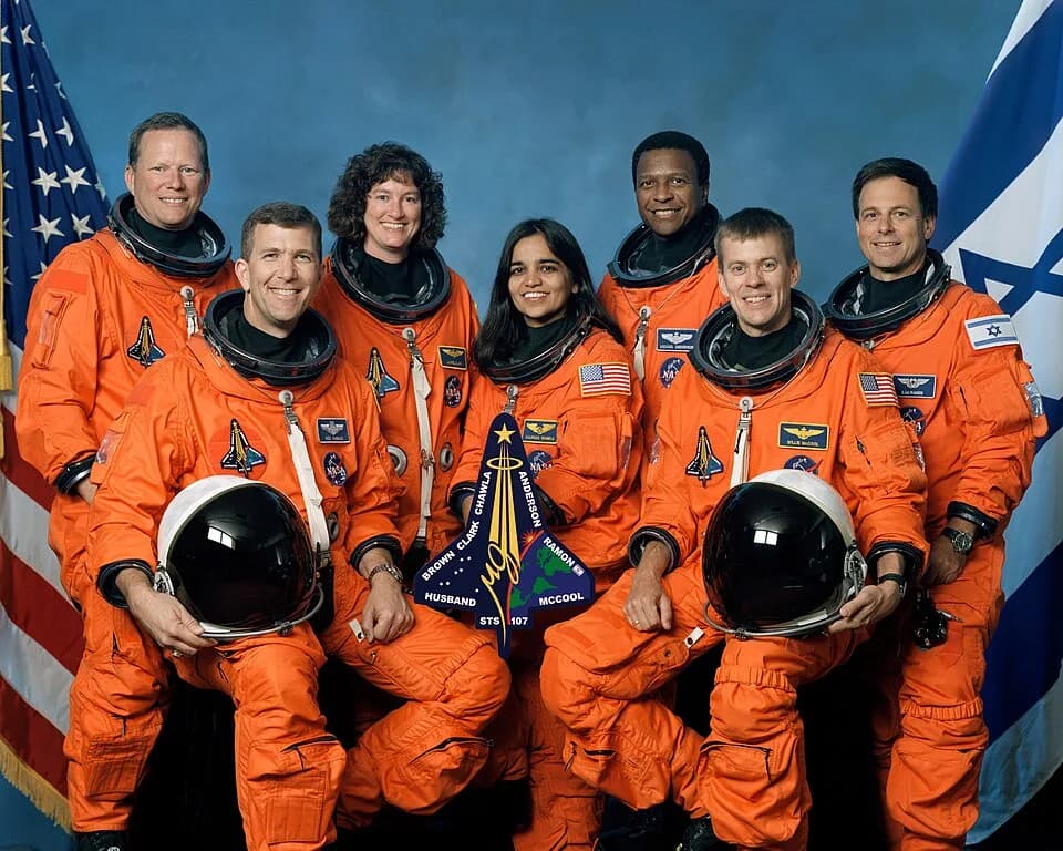 Ilan Ramon - The crew of the final ill-fated flight of the Space Shuttle Columbia, mission STS-107, in October 2001.
This is the official crew photograph from mission STS-107 on the Space Shuttle Colu