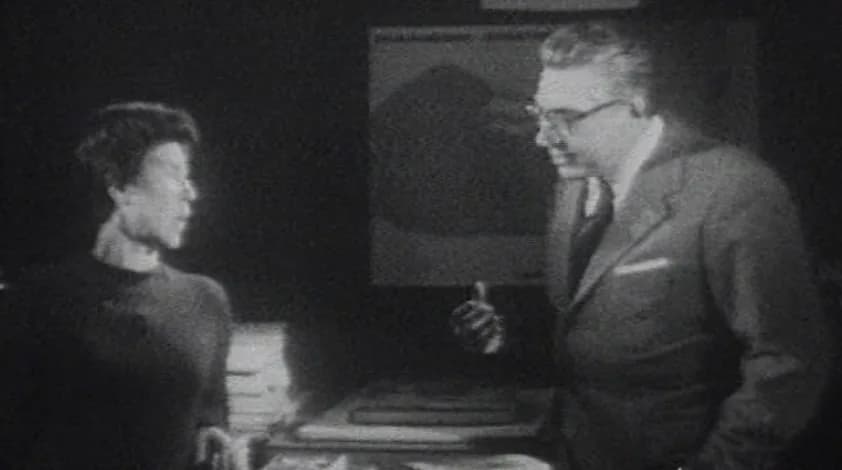 Natalia Ginzburg - Italian writers Luigi Silori and Natalia Ginzburg on the set of RAI broadcast "Uomini e libri", 1963