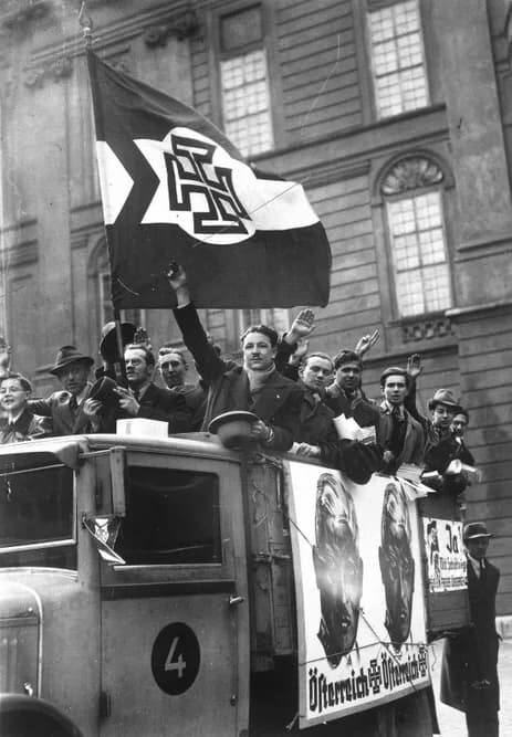 Kurt Schuschnigg - Truck with supporters of Austrian Chancellor Kurt Schuschnigg (pictured on the posters) campaigning to vote for the independence of Austria in a proposed March 1938 referendum (whic