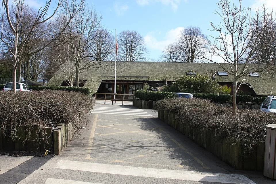Gerald Durrell - The main public entrance building at Durell, previously known as Jersey Zoo, located in Trinity, Jersey, Channel Islands. Note that this building has since been replaced.