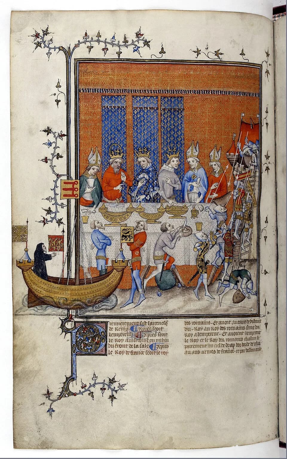 Wenceslaus IV of Bohemia - Devant les trois souverains (Charles IV avec la couronne fermée, Charles V au centre, vêtu d'une robe fleurdelisée, et Wenceslas à droite} entourés par des évêques, se dérou