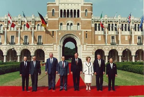 Toshiki Kaifu - Leaders of Group of Seven posed for the photograph in Houston City, Texas State on July 9, 1990.
