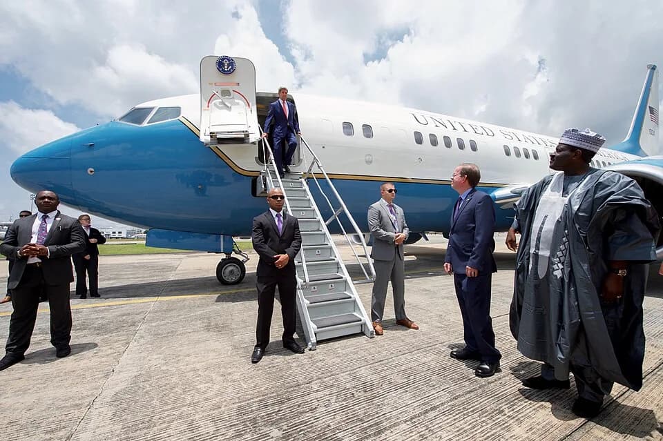 Nnamdi Azikiwe - U.S. Embassy Abuja Deputy Chief of Mission David Young awaits U.S. Secretary of State John Kerry as he deplanes on August 23, 2016, at Nnamdi Azikiwe International Airport, in Abuja,