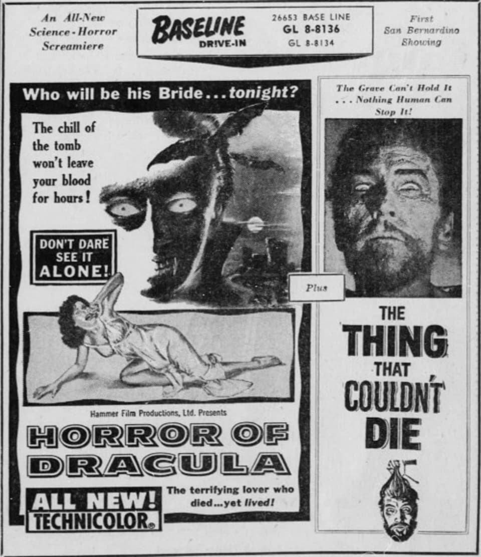 Michael Gough - Baseline Drive-In theater advertisement for the double-feature horror films, Horror of Dracula, the American title for the British film Dracula (1958) and The Thing That Couldn't Die (