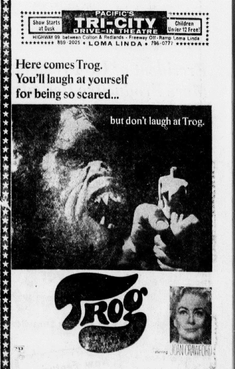 Michael Gough - Tri-City Drive-In theater advertisement for the science fiction horror film Trog (1970). From the 23 September 1970 San Bernardino Sun.