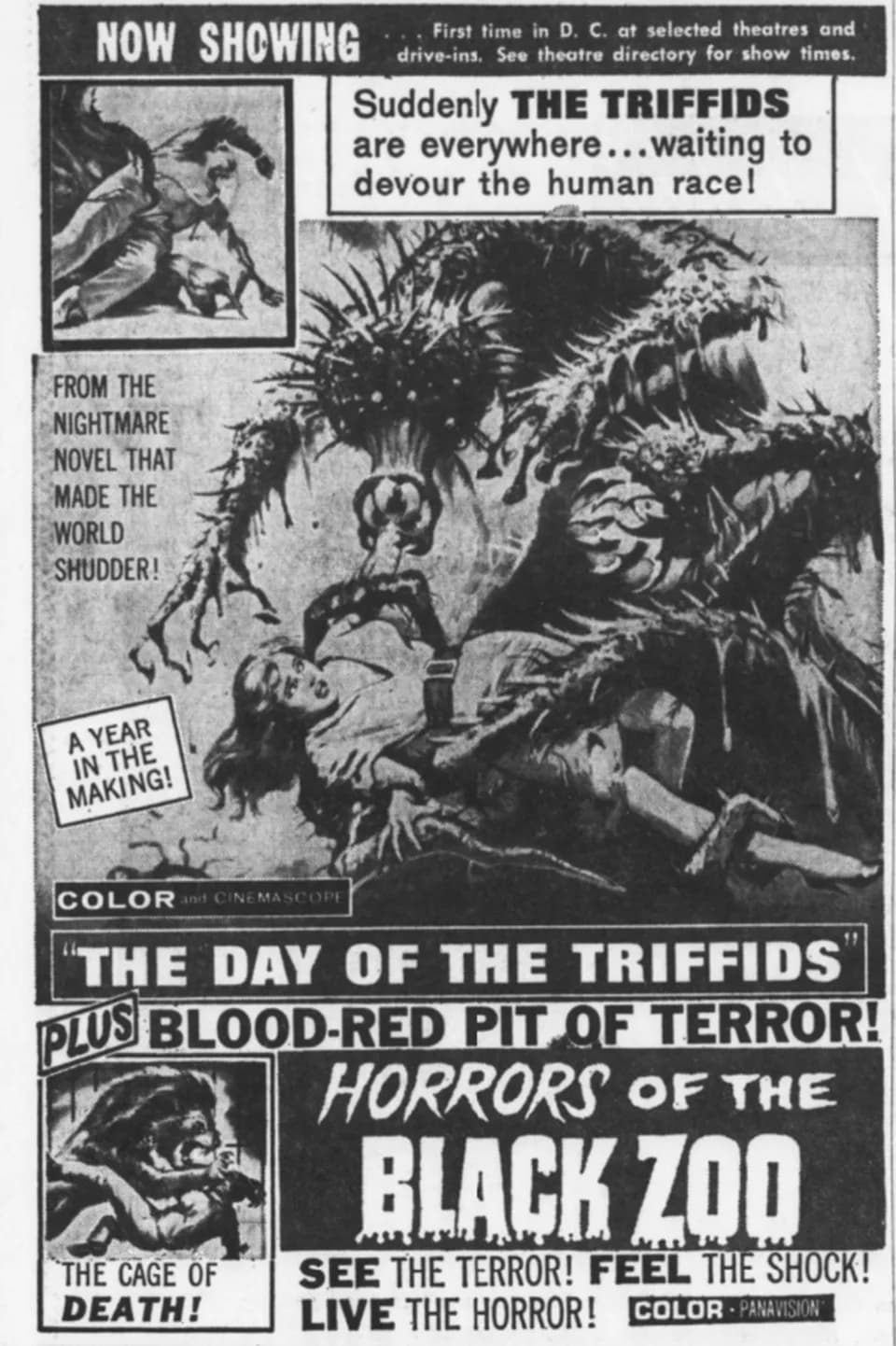 Michael Gough - Theater advertisement for the films, The Day of the Triffids & Horrors of the Black Zoo. 15 Nov 1963.