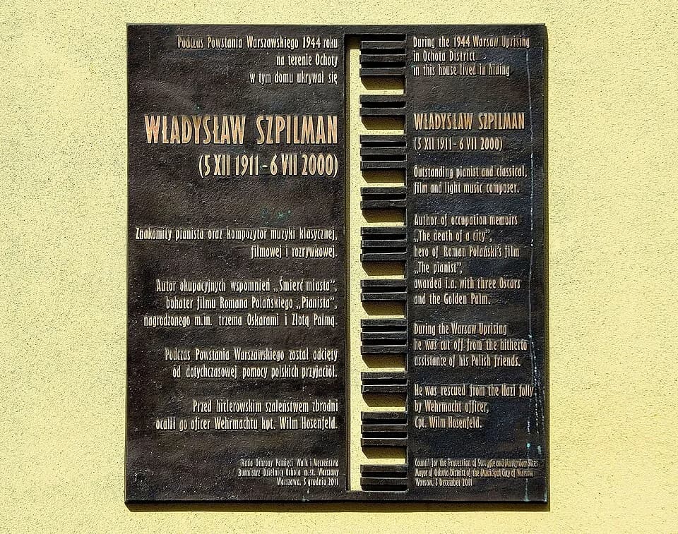 Władysław Szpilman - Commemorative plaque to Władysław Szpilman at 223 Niepodległości Avenue in Warsaw