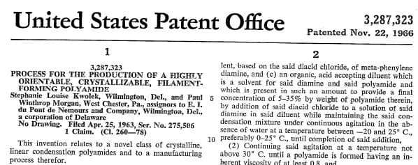 Stephanie L. Kwolek - US patent US3287323A on Kevlar (Process for the production of a highly orientable, crystallizable, filamentforming polyamide))