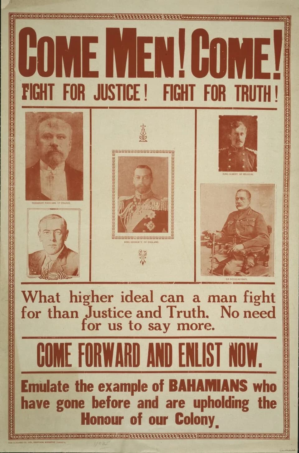 Douglas Haig, 1st Earl Haig - Recruiting poster for the British West Indies Regiment. "Come Men! Come! Fight for Justice! Fight for Truth!"