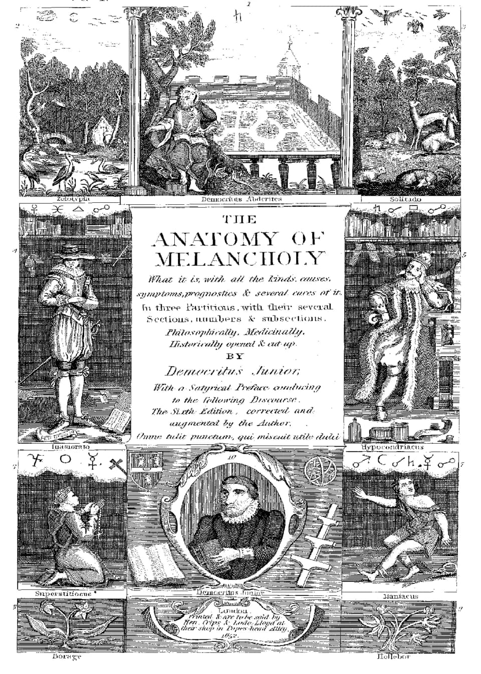 Robert Burton - Frontispiz der ersten Ausgabe der Abhandlung "Anatomie der Melancholie" von Robert Burton (1621)
Andere Versionen: Keine
Lizenzstatur für das einzelne Bild: gemeinfrei, da Urheber über