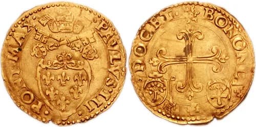 Paul III - Italy, Papal States. Paulus III. 1534-1549.
AV Scudo (26mm, 3.36 g). Bologna mint.
Coats of arms of the House of Farnese surmounted by papal tiara and crossed keys. Around PAVLUS•III PONT•