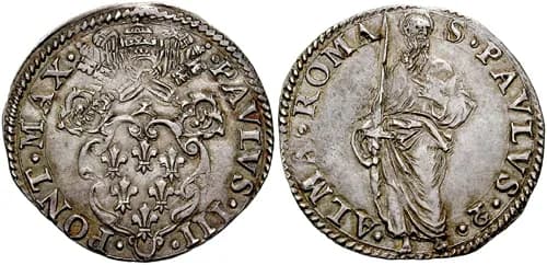 Paul III - Italia, Stato pontificio. Paolo III. 1534-1549.
AR Paolo (3.22 g). zecca di Roma.
•PAVLVS•III• •PONT•MAX•, Stemma Farnese dentro cornice rococo sormontata da tiara e chiavi decussate.
S•P