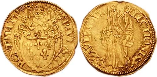 Paul III - Italy, Papal States. Paulus III Farnese. 1534-1549.
AV Scudo (26mm, 3.38 g). Rome mint.
Farnese coat-of-arms surmounted by papal tiara and crossed keys
St. Paul standing facing, holding u