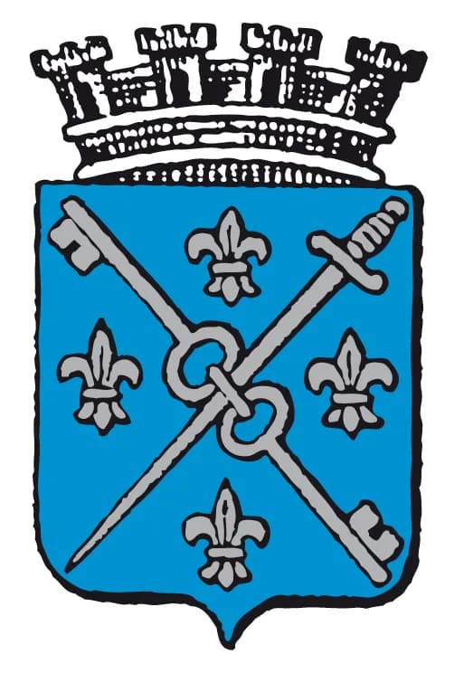 Hilarius - Blason de la Commune de Saint-Hilaire-Saint-Florent, présentant les deux clés des deux communes fusionnées, et l'épée de Sainte Jeanne d'Arc qui y a séjourné.