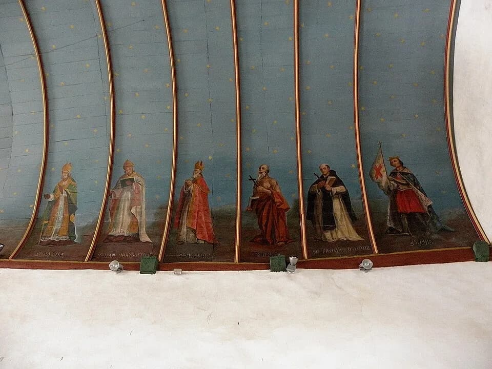 Hilarius - Voûtes peintes de l'église Sainte-Nonne de Dirinon. Transept nord, costale ouest. Peintre: Jean Louis Nicolas. Travail exécuté entre 1856 et 1858. Saint-Bazile, Saint-Jean-Chrysostome, Sain