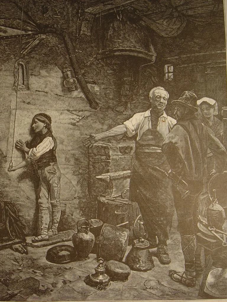 Gioachino Rossini - Nous voyons le futur auteur de "Guillaume Tell" dans l'atelier du chaudronnier en question, faisant d'une main manoeuvrer un soufflet , tandis que de l'autre il s'appuie contre la