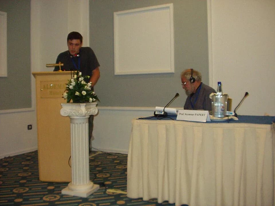 Seymour Papert - Vice chief editor of Webplanet news site Yury Sinodov reports to Seymour Papert and the audience at Dialogue of Civilizations forum at Rhodes island, Greece