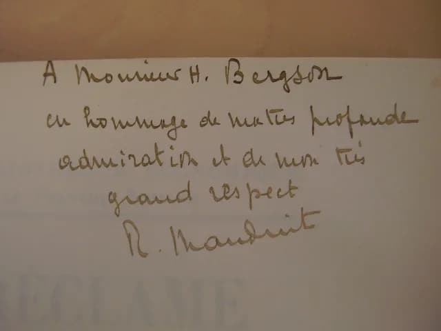 Henri Bergson - Signature of Roger Mauduit on La réclame. Etude de sociologie économique, Paris, Alcan, 1933. This book was offered to Henri Bergson and is now held in the Human and Social Sciences Li