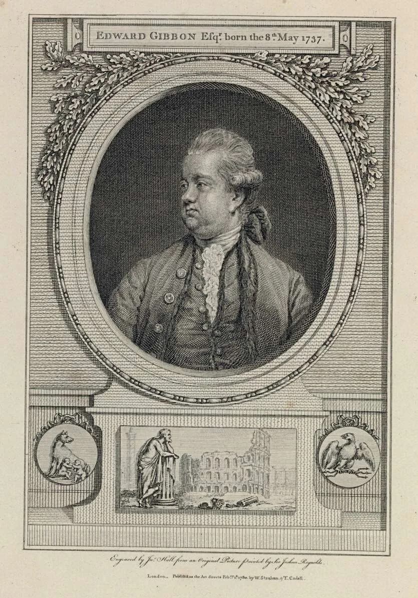 Edward Gibbon - Portrait frontispiece of: Edward Gibbon (1737-1794): The History of the Decline and Fall of the Roman Empire. W. Strahan and T. Cadell London 1780