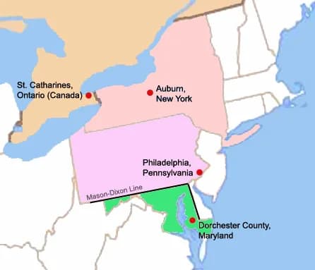 Harriet Tubman - A map of four key locations in the life of Harriet Tubman