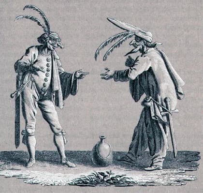 E. T. A. Hoffmann - Pantalon und Giglio aus Prinzessin Brambilla:
„Bester Signor“, redete Pantalon (so wollen wir die Maske, trotz des veränderten Kostüms, nennen) den Giglio an, „mein bester Signor!