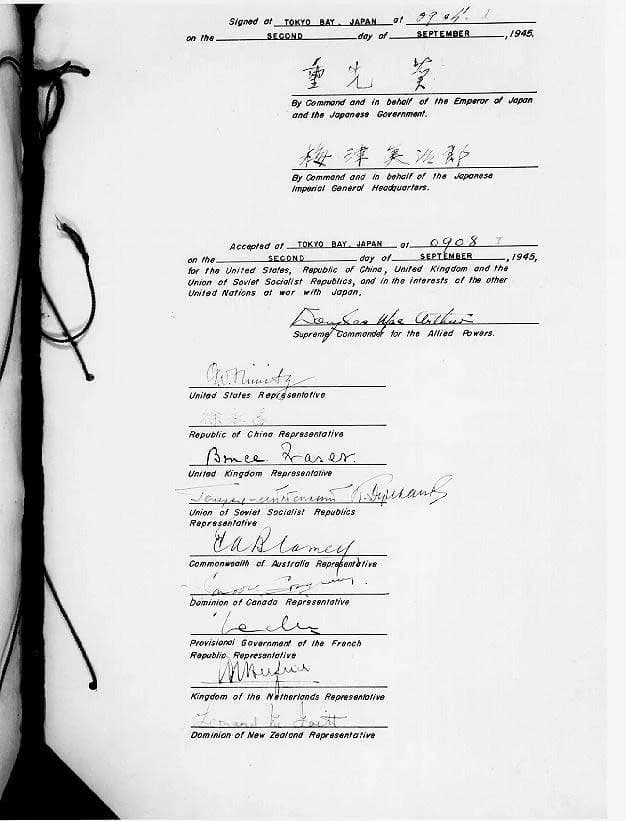 Douglas MacArthur - 9 o'clock in the morning of September 2, 1945, the Japanese representatives signed the official Instrument of Surrender on the deck of the U.S.S. Missouri in Tokyo Bay.
On Septem
