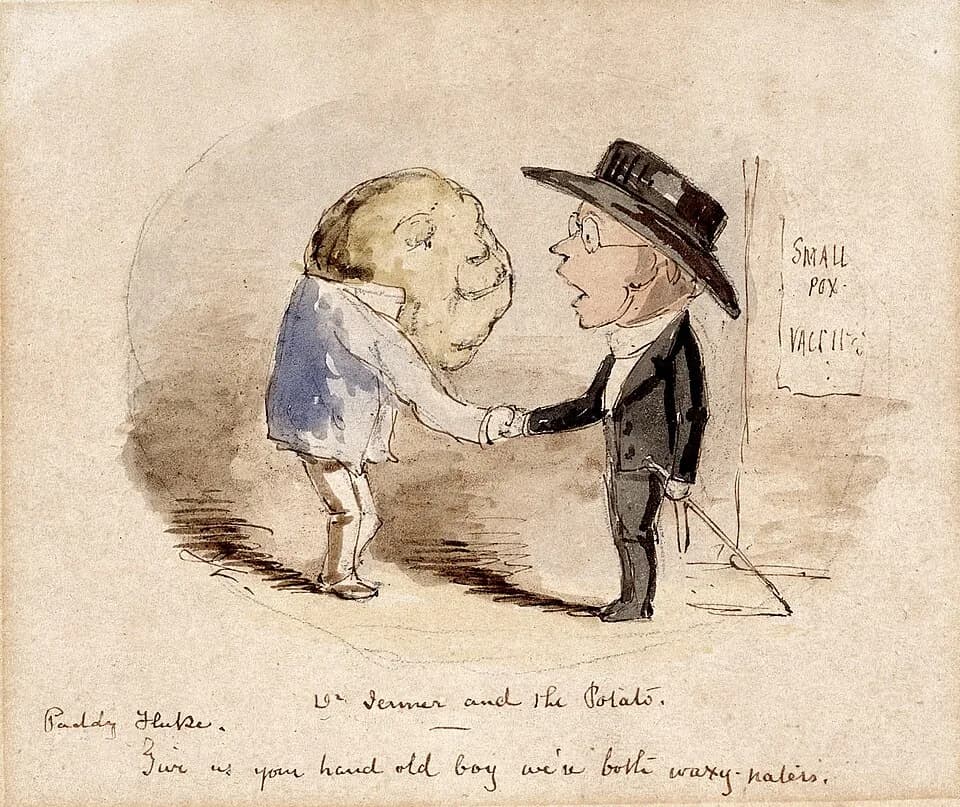 Edward Jenner - A potato shaking hands with Edward Jenner, claiming him as a fellow vaccinator. Watercolour by John Leech.
Iconographic Collections
Keywords: Edward Jenner; John Leech