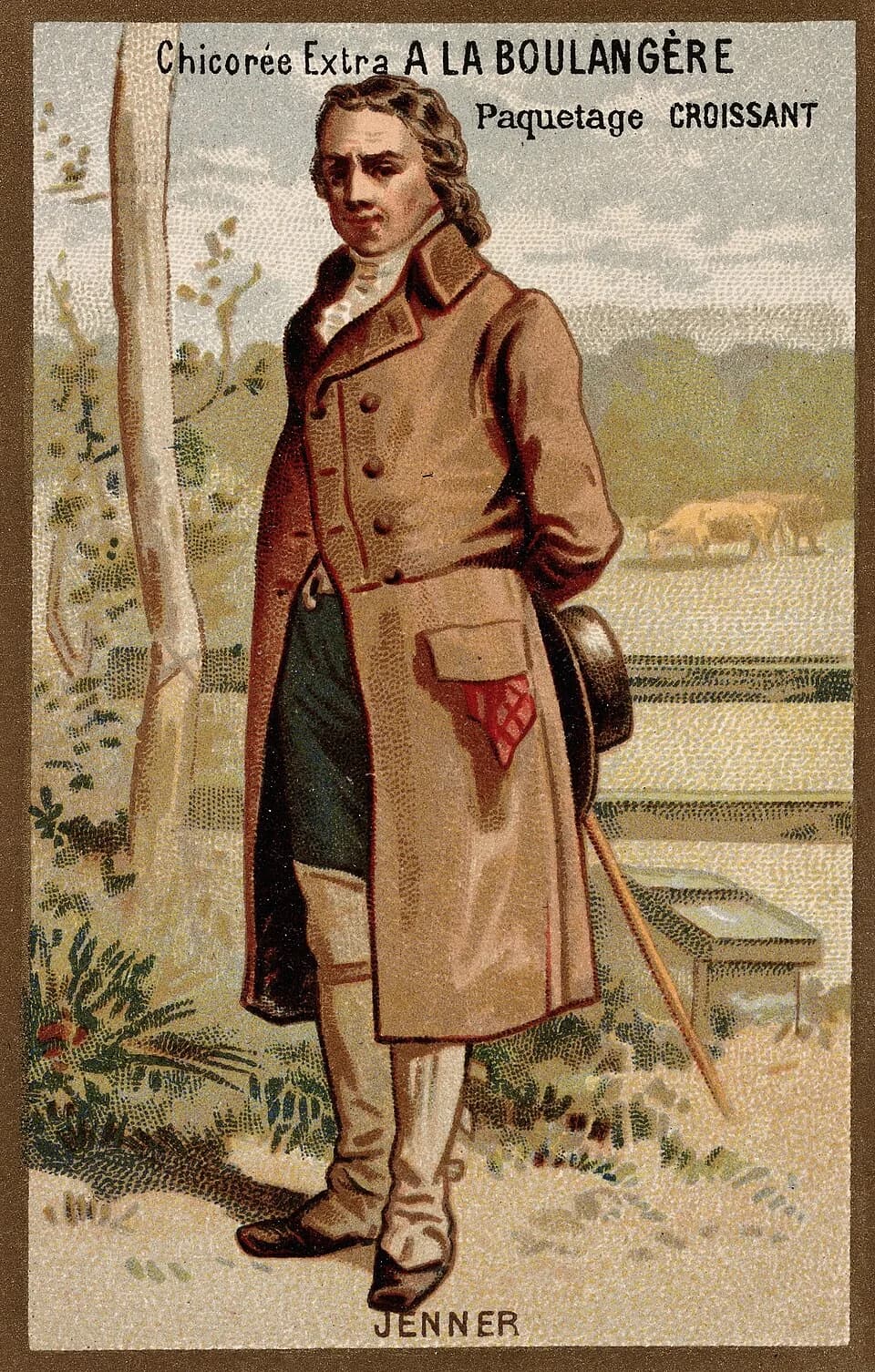 Edward Jenner - Edward Jenner, standing, a field with cows behind. Chromolithograph. "Jenner. Chicorée Extra à La Boulangère Paquetage Croissant".
Iconographic Collections
Keywords: Edward Jenner