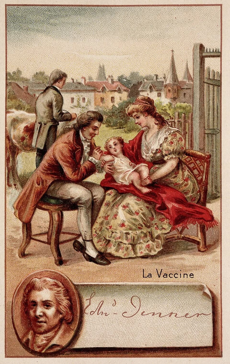 Edward Jenner - Edward Jenner vaccinating a young child, held by its mother, with a man behind taking cowpox from a cow. Chromolithograph.
Iconographic Collections
Keywords: Vaccination; Immunization