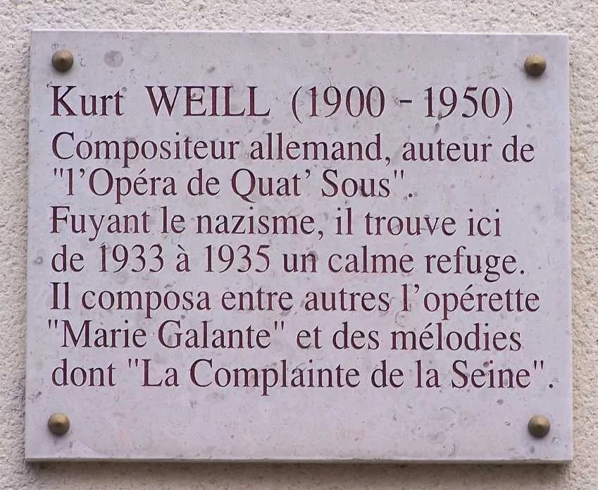Kurt Weill - Commemorative sign for Kurt Weill at number 9 bis of the place Emile Dreux in the village of Voisins in Louveciennes (Yvelines, France)