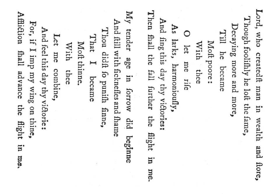 George Herbert - Image of "Easter Wings", a "pattern poem" published in 1633 by George Herbert. As a pattern poem, the work is not only meant to be read, but its shape is meant to be appreciated: In t