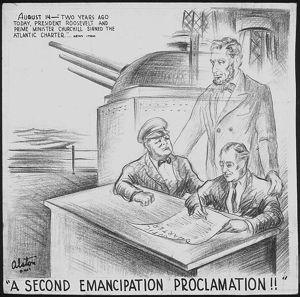 Franklin Delano Roosevelt - Scope and content: The signing of the Atlantic Charter - with caption.