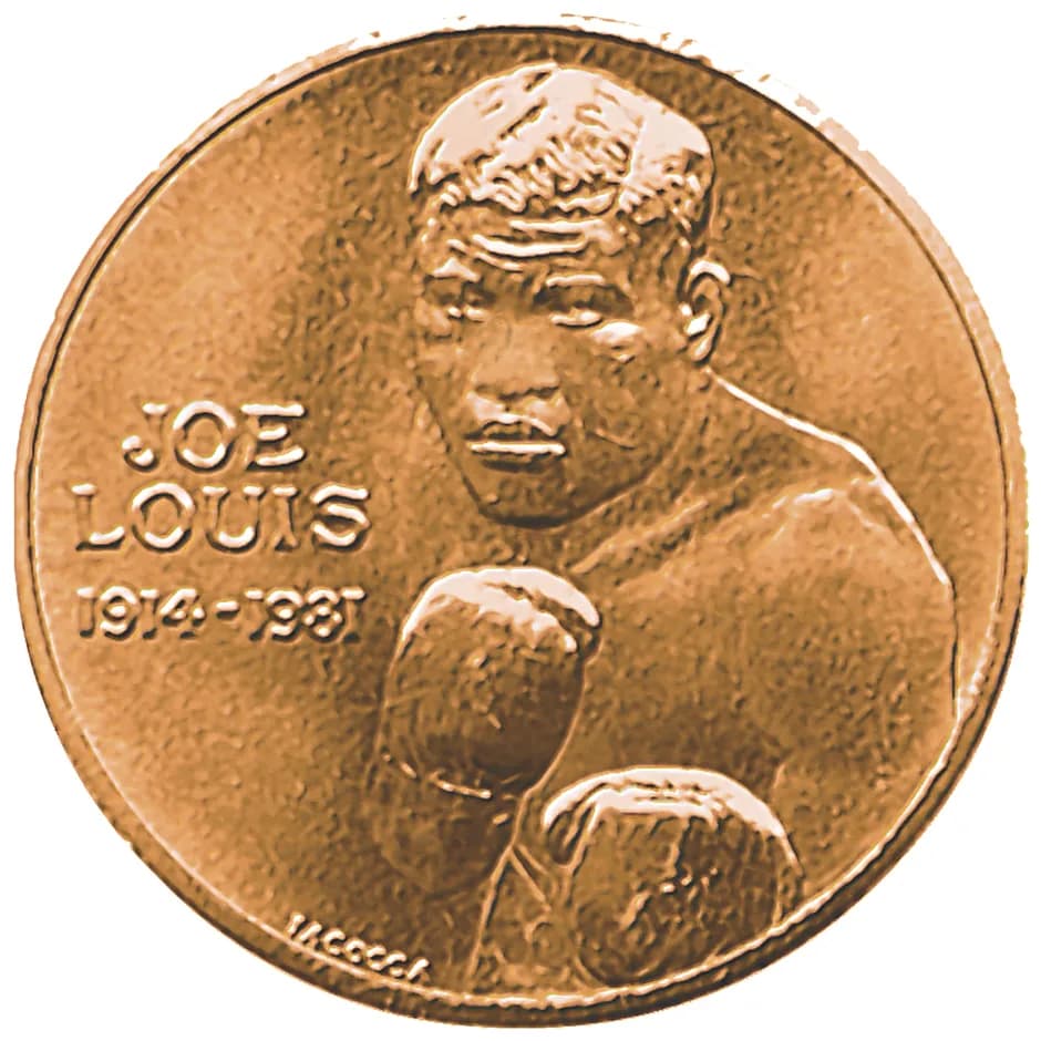 Joe Louis - U.S. Congressional Gold Medal for Joe Louis. Original caption states "he obverse of the medal features a portrait of Mr. Louis in a boxing stance with the inscription “JOE LOUIS 1914-1981