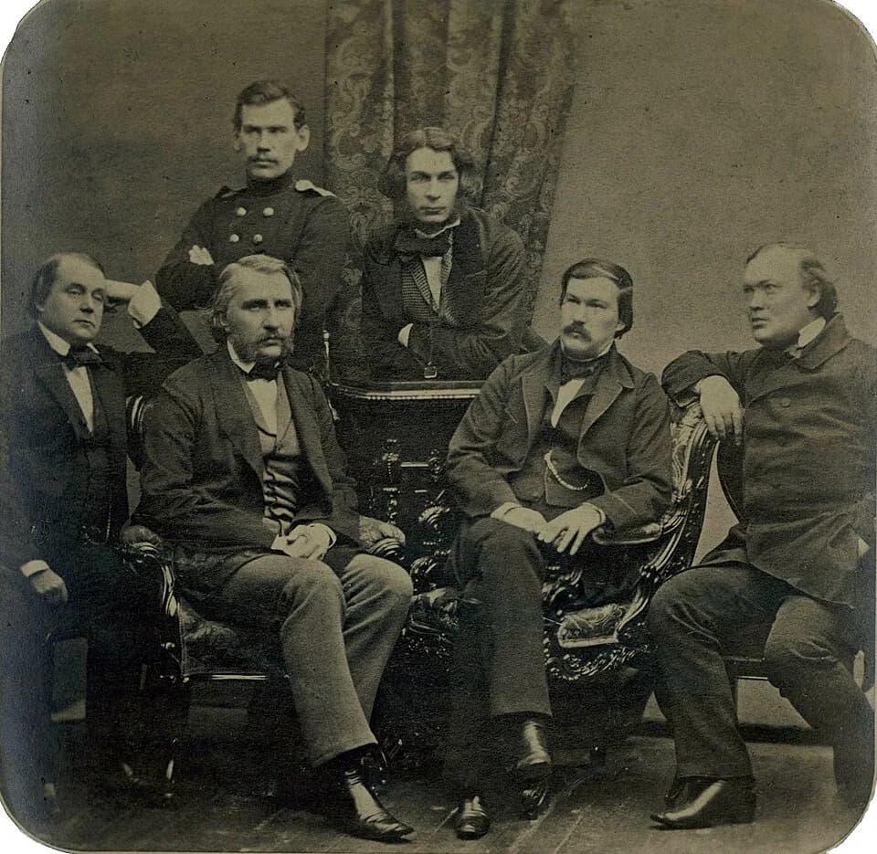 Alexander Ostrovsky - Top row (from left): Leo Tolstoy, Dmitry Grigorovich, Bottom row (from left): Ivan Goncharov, Ivan Turgenev, Alexander Druzhinin, and Alexander Ostrovsky