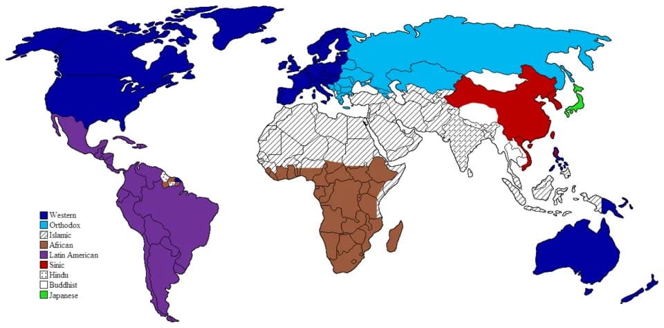 Samuel P. Huntington - "The World of Civilizations: Post-1990", map from Huntington's Clash of Civilizations (1996) indicating the postulated world's nine major "civilizations": Western, Latin America