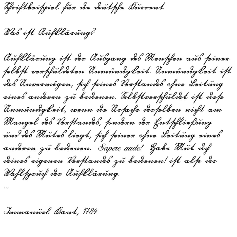 Immanuel Kant - Computer-generated example of a Sütterlin font. Important: Sütterlin is a modernized german Kurrent and not a representation of german Kurrent as it was written in the 18th or 19th cen