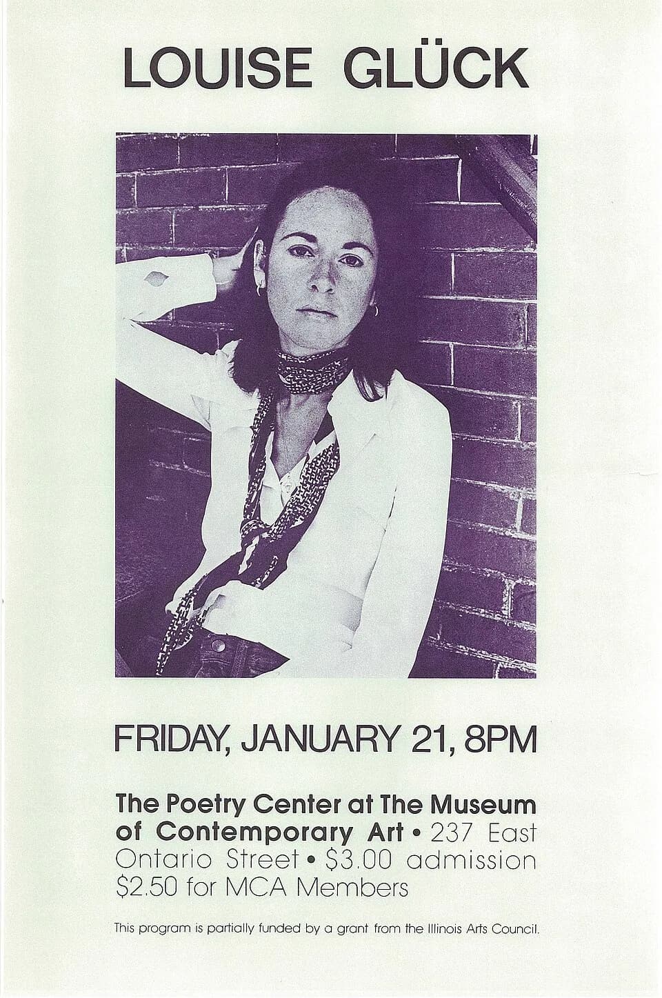 Louise Glück - Poster promoting a poetry reading on January 21, 1977, by Louise Glück at the Poetry Center at the Museum of Contemporary Art in Chicago.