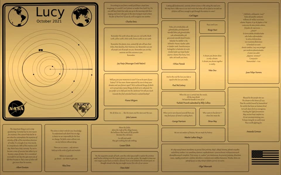Louise Glück - A plaque on the Lucy mission featuring 20 messages from people on Earth, including John Lennon, Martin Luther King Jr., The Beatles, and more.
