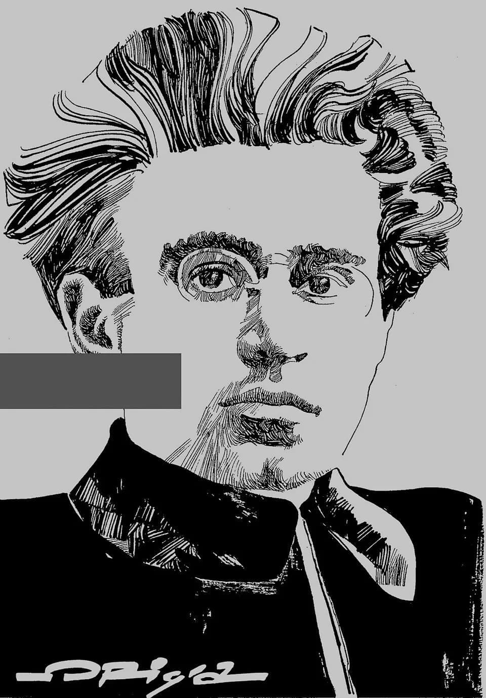Antonio Gramsci - Antonio Gramsci in uno dei nove ritratti a pennino e china realizzati da Graziano Origa per l'inserto speciale "Gramsci 1891-1991") de L'Unione Sarda, 31 gennaio 1991. Testi di Manli