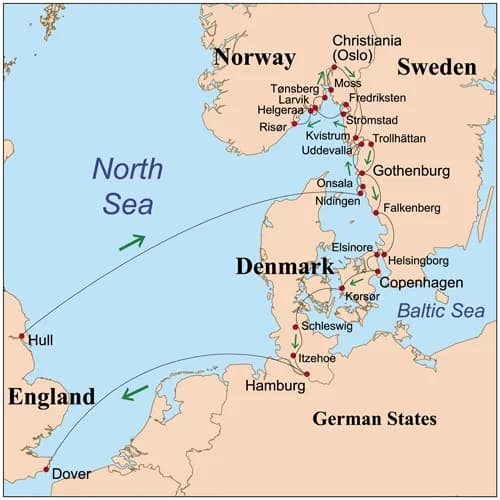 Mary Wollstonecraft - Map showing the route described in Letters Written in Sweden, Norway and Denmark. Based Holmes, Richard. "Introduction". A Short Residence in Sweden, Norway and Denmark and Memoi