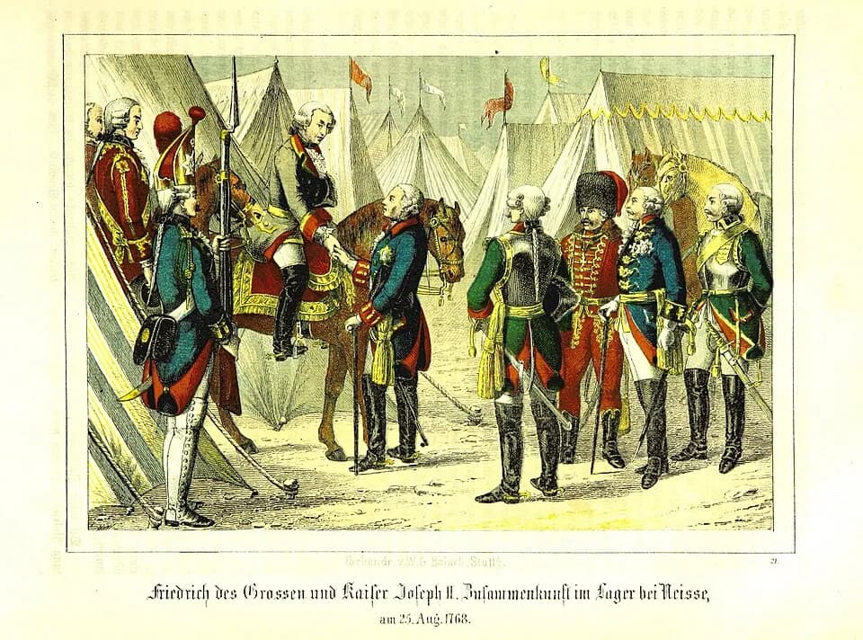 Joseph II, Holy Roman Emperor - Page391 Friedrich des Grossen und Kaiser Joseph II. Zusammenkunft im Lager bei Neisse am 25. August 1768.jpg