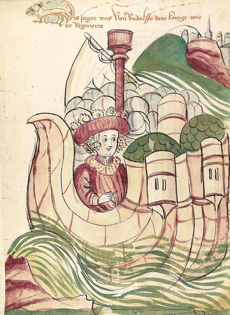 Rudolph I of Germany - König Rudolfs Umfahrt
Werkstatt des Diebold Lauber
Künstler unbekannt, um 1450
Zeichnung (ganzseitig), ungerahmt, Feder & koloriert, Wasserfarbe & Deckfarbe
Rudolf I. vo