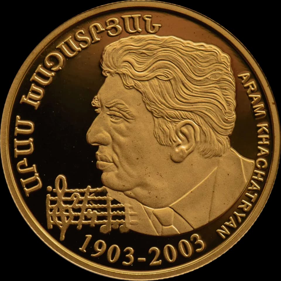 Aram Khachaturian - Coin «Aram Khachatryan-100», Republic of Armenia, 10 000 dram, 2002, Au999, reverse