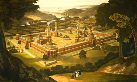 Robert Owen - A bird's eye view of a community in New Harmony, Indiana, United States, as proposed by Robert Owen. Engraving by F. Bate, London 1838.