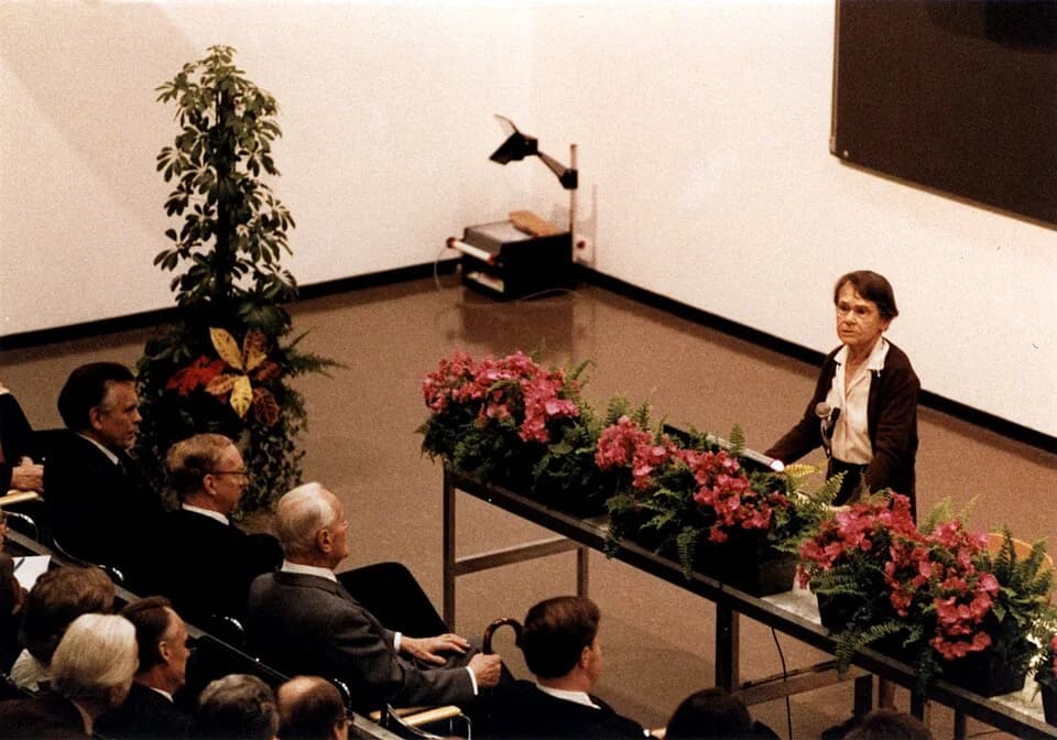 Barbara McClintock - McClintock giving her Nobel Lecture at Karolinska Institute in Stockholm during the week of the Nobel Prize ceremony.