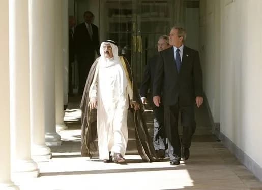Sabah Al-Ahmad Al-Jaber Al-Sabah - President George W. Bush and Prime Minister Sheikh Sabah al Ahmad al-Jabir Al Sabah of Kuwait walk along the colonnade after the two leaders met with reporters in th
