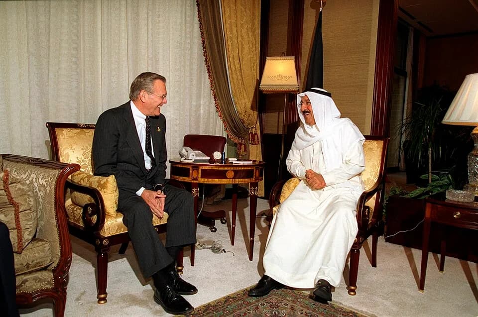 Sabah Al-Ahmad Al-Jaber Al-Sabah - Secretary of Defense Donald H. Rumsfeld meets with First Deputy Prime Minister and Foreign Minister Shaykh Sabah al-Ahmad al-Sabah at the Ministry of Foreign Affairs