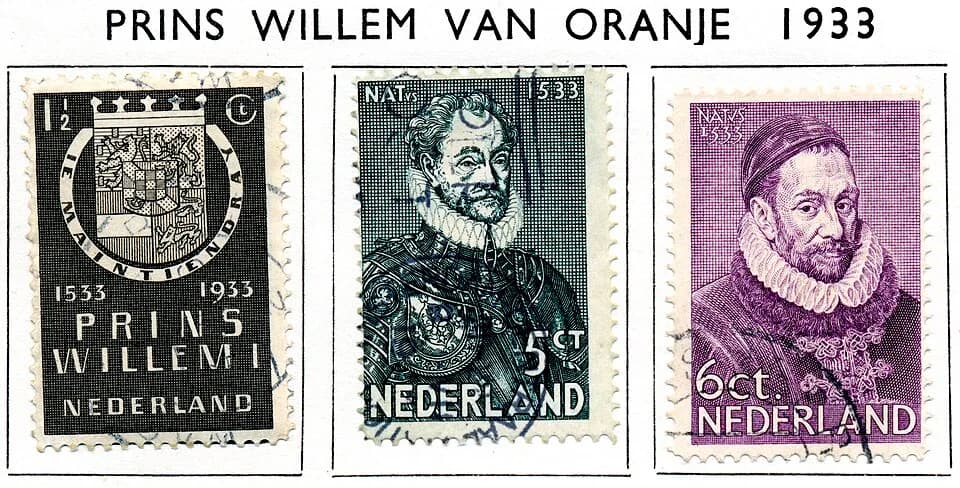 William the Silent - Herdenkingszegels Prins Willem I (1933). NVPH nr 252-254. Ontwerpers R.M. Wichers Wierdsma (1½ ct), P.W. van Baarsel (5 ct) en Hendrik Seegers (6 ct)